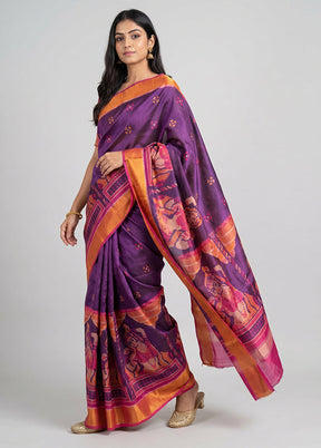 Purple Handloom Patola Pure Silk Saree With Blouse Piece