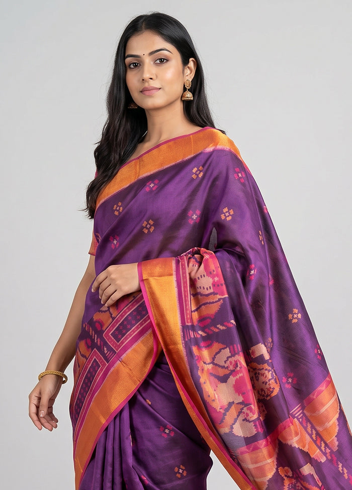 Purple Handloom Patola Pure Silk Saree With Blouse Piece