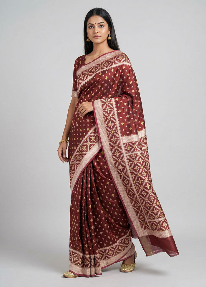 Maroon Kora Silk Saree With Blouse Piece