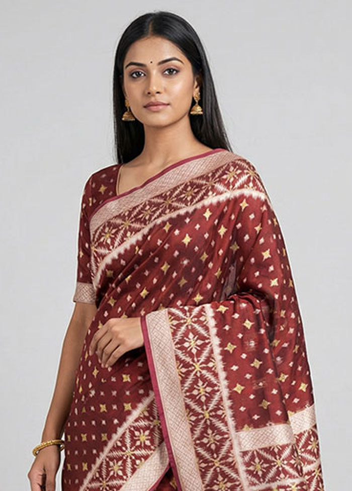 Maroon Kora Silk Saree With Blouse Piece