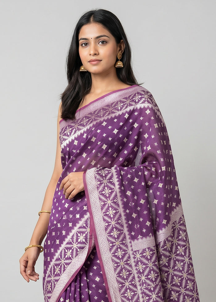 Purple Kora Silk Saree With Blouse Piece