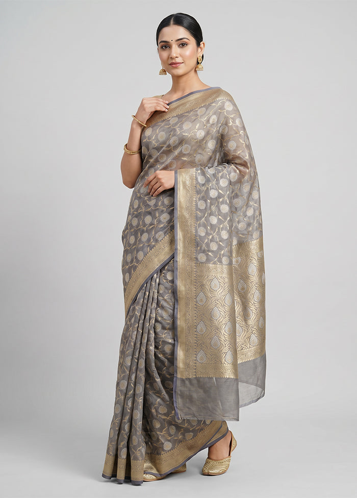 Grey Kora Silk Saree With Blouse Piece