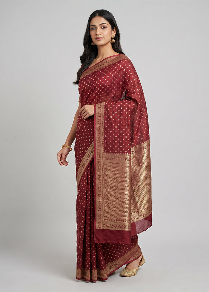 Maroon Kora Silk Saree With Blouse Piece
