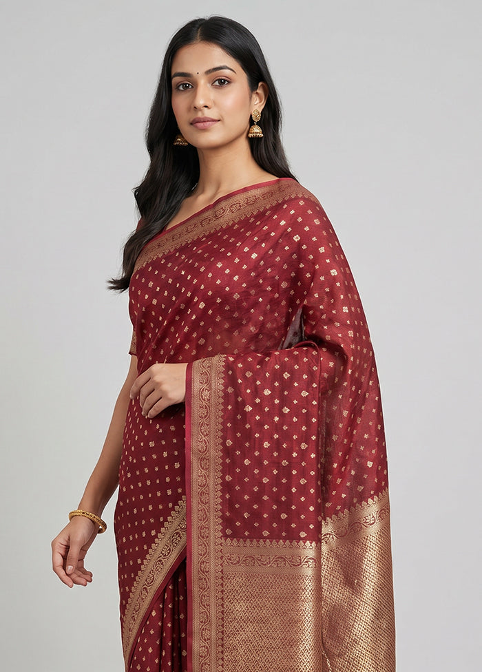 Maroon Kora Silk Saree With Blouse Piece