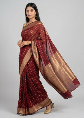 Maroon Kora Silk Saree With Blouse Piece