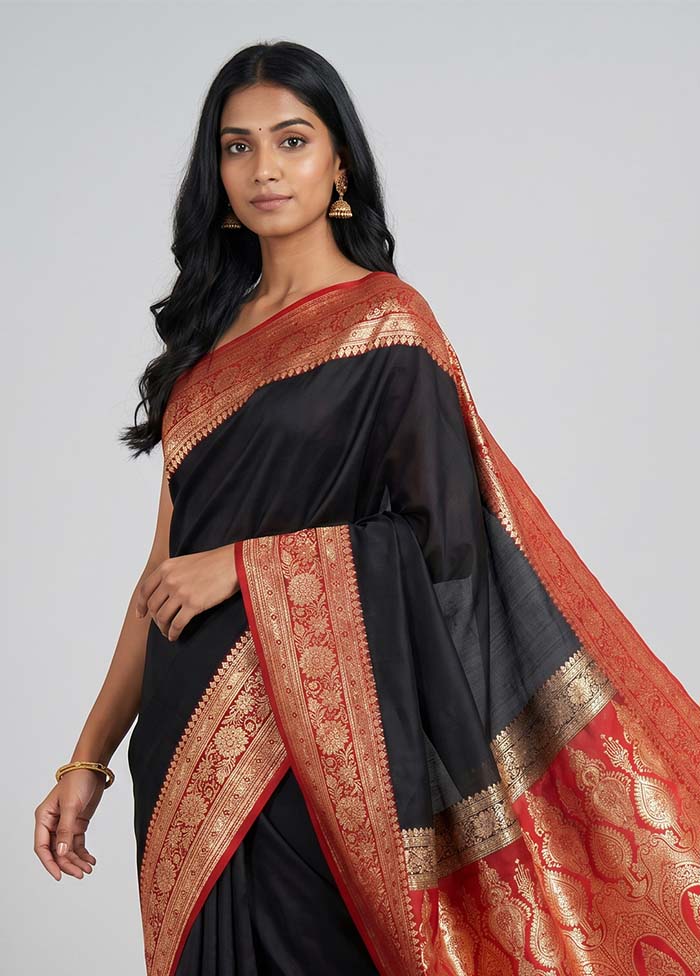 Black Banarasi Silk Saree With Blouse Piece