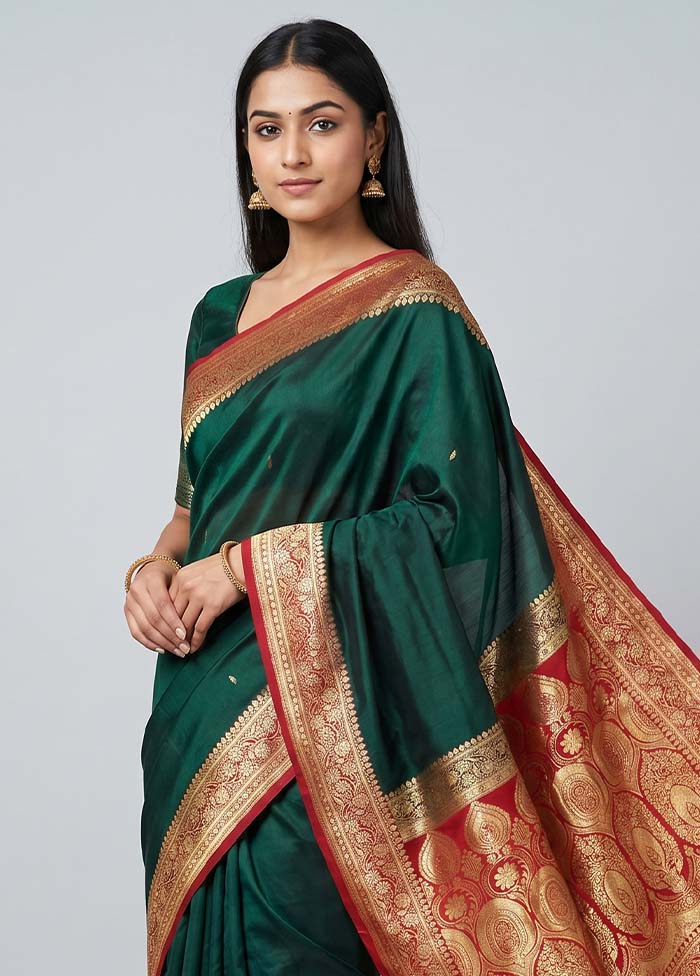 Green Banarasi Silk Saree With Blouse Piece