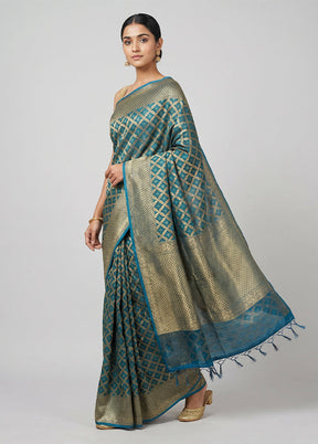 Blue Kora Silk Saree With Blouse Piece
