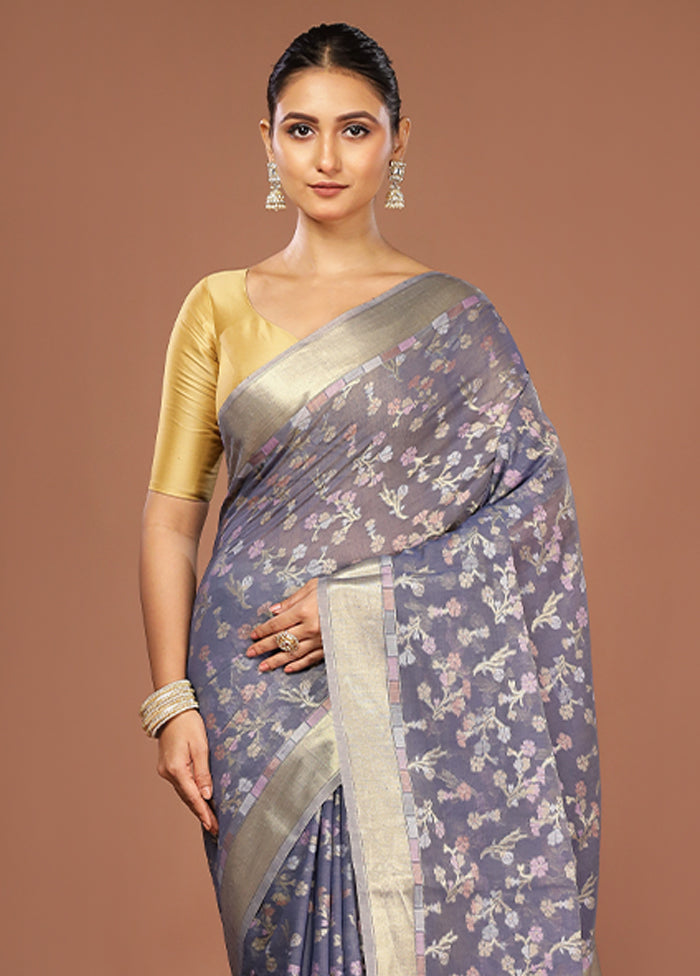 Blue Kora Silk Saree With Blouse Piece