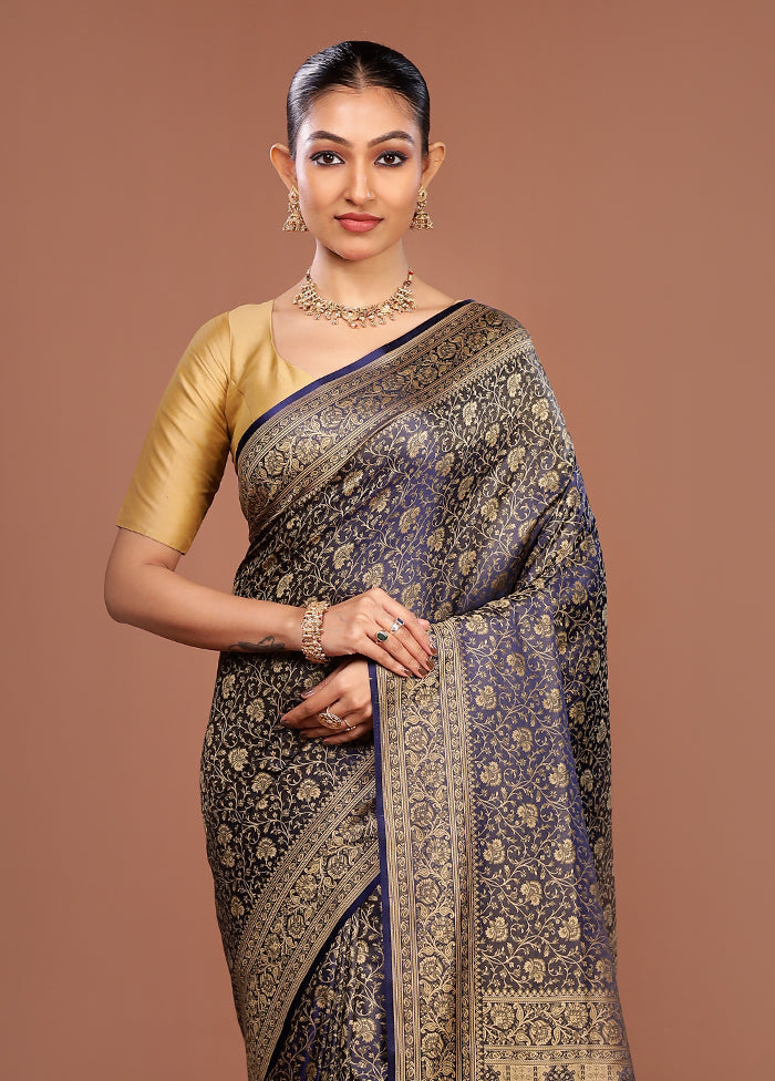 Blue Jamewar Silk Saree With Blouse Piece