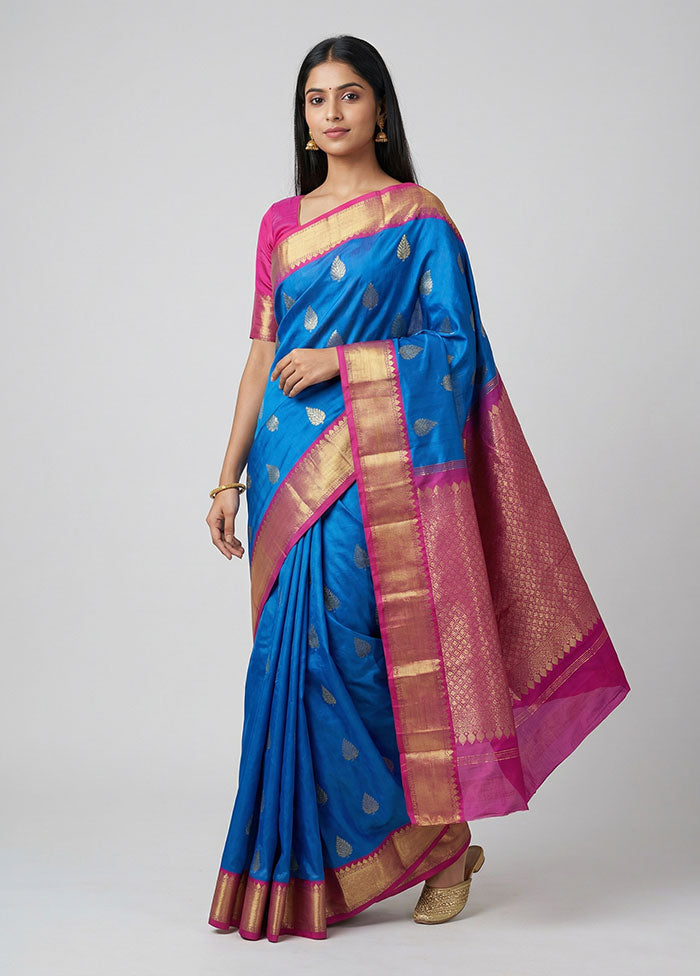 Blue Kanjivaram Silk Saree With Blouse Piece