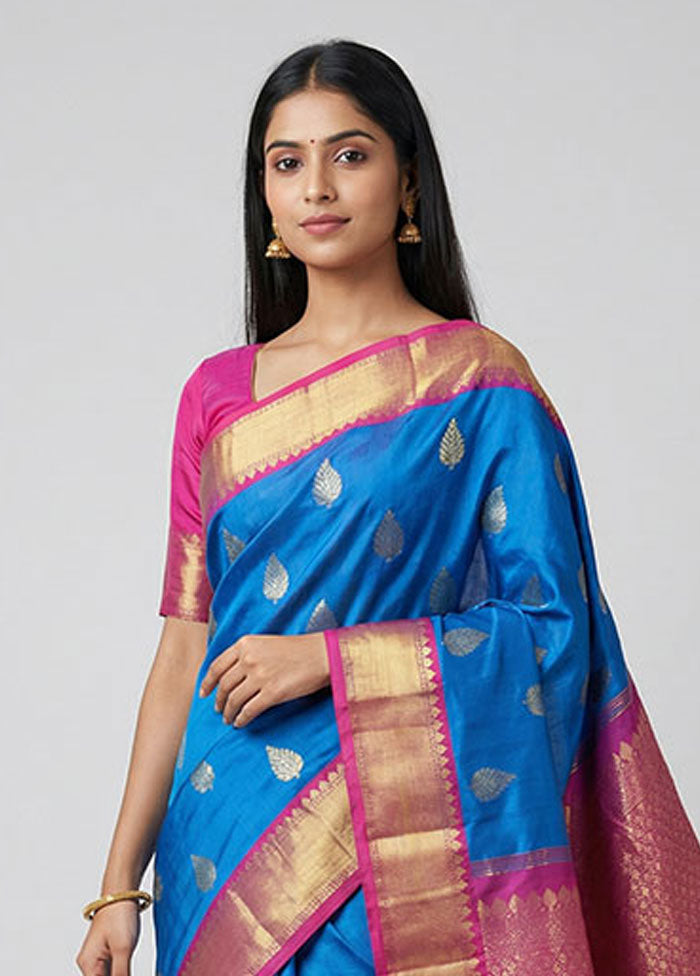 Blue Kanjivaram Silk Saree With Blouse Piece