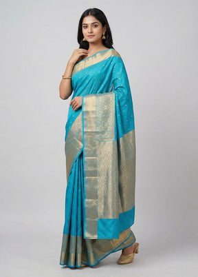 Blue Handloom Kanjivaram Pure Silk Saree With Blouse Piece