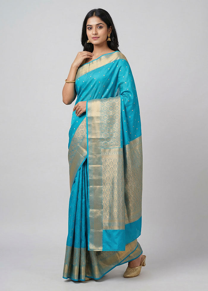 Blue Handloom Kanjivaram Pure Silk Saree With Blouse Piece