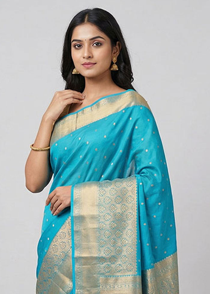 Blue Handloom Kanjivaram Pure Silk Saree With Blouse Piece