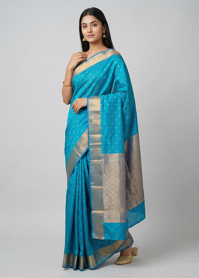 Blue Handloom Kanjivaram Pure Silk Saree With Blouse Piece