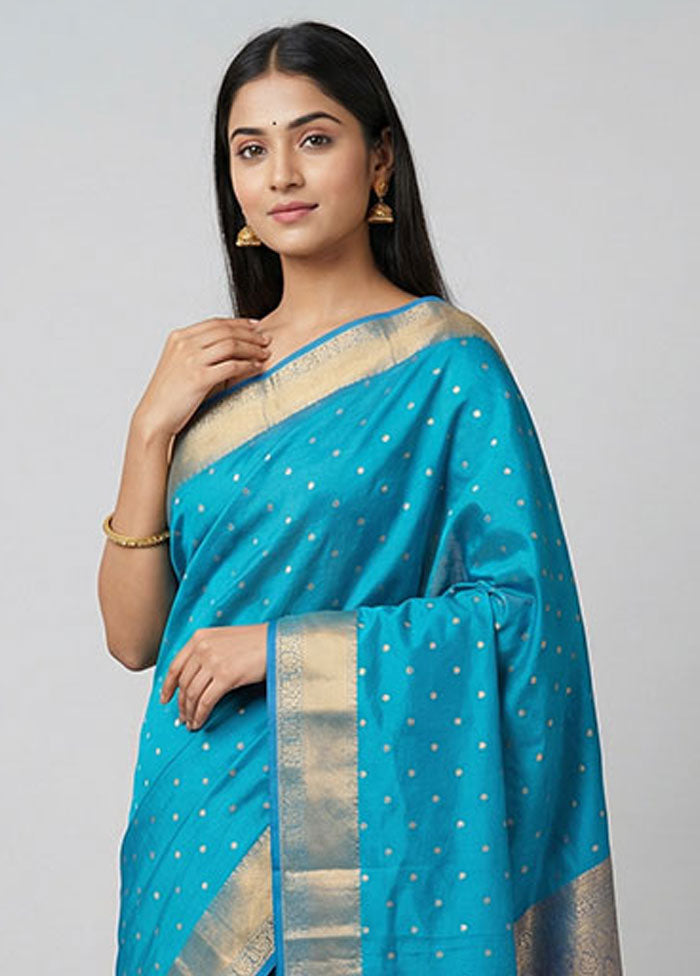 Blue Handloom Kanjivaram Pure Silk Saree With Blouse Piece