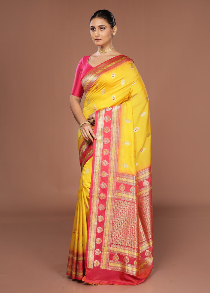 Yellow Dupion Silk Saree With Blouse Piece