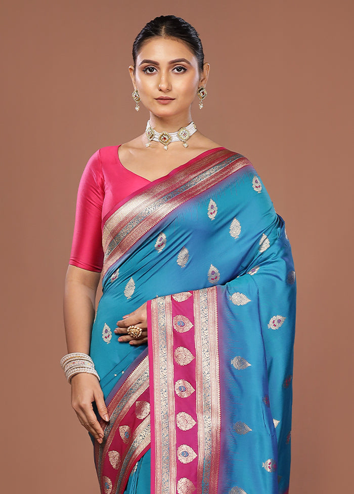 Blue Dupion Silk Saree With Blouse Piece