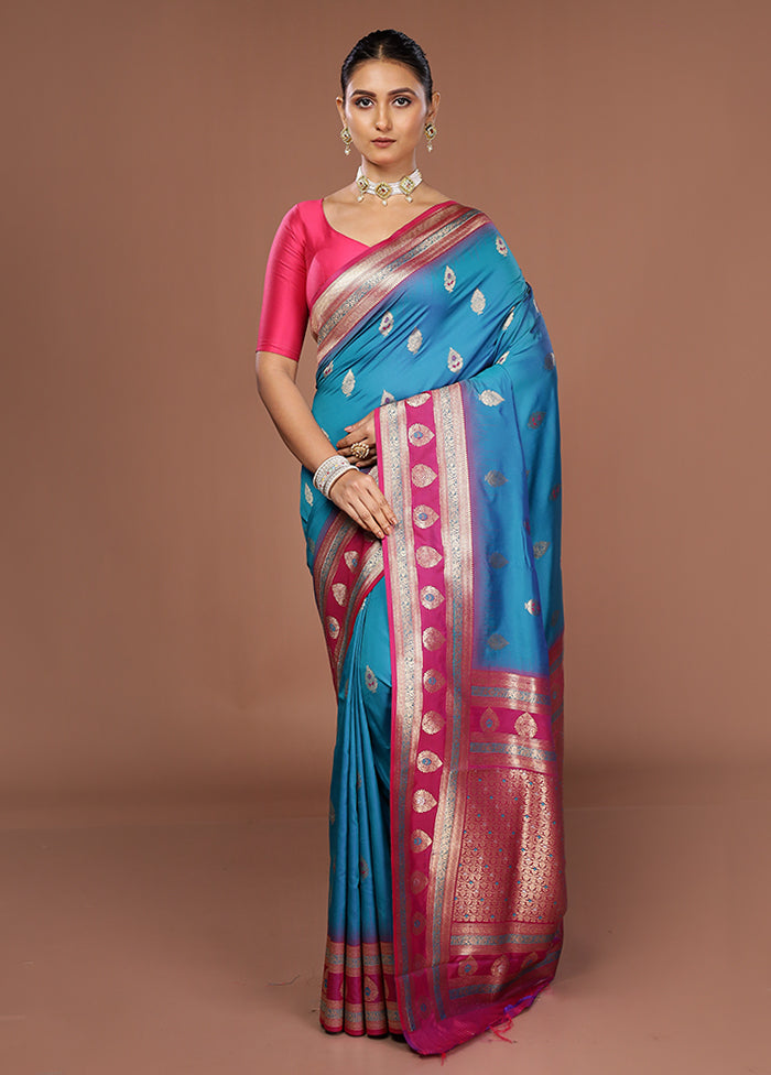Blue Dupion Silk Saree With Blouse Piece