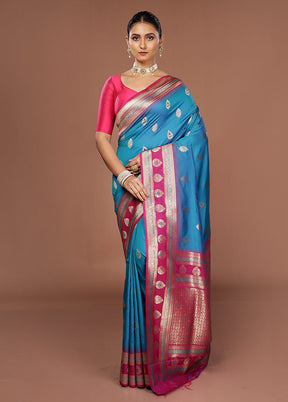 Blue Dupion Silk Saree With Blouse Piece