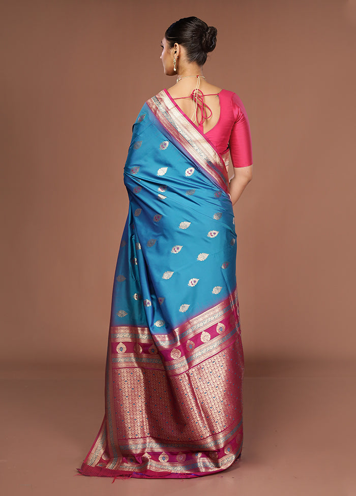 Blue Dupion Silk Saree With Blouse Piece