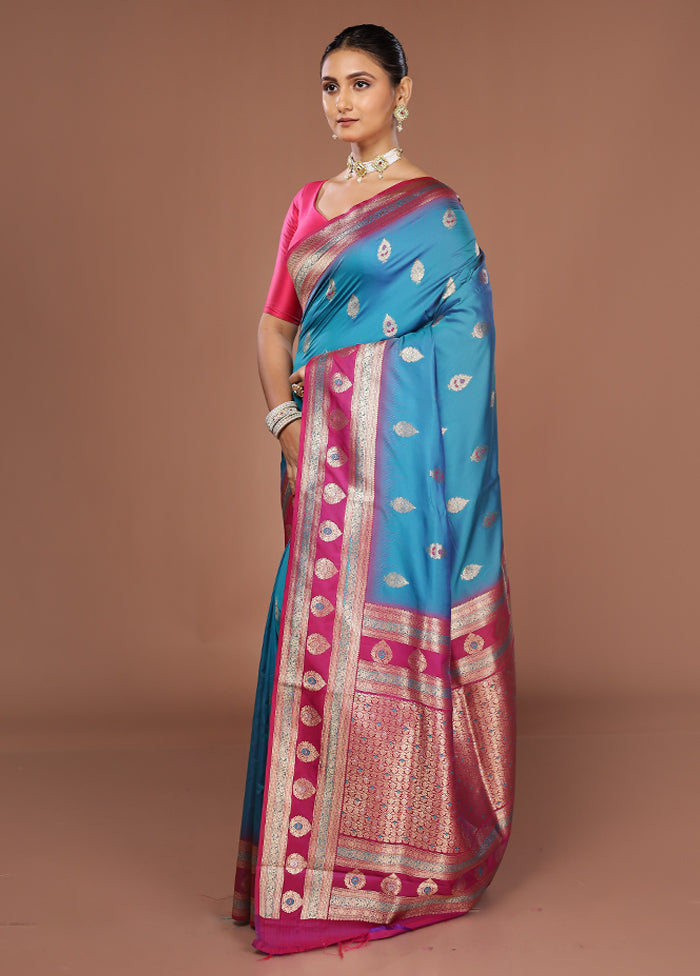 Blue Dupion Silk Saree With Blouse Piece