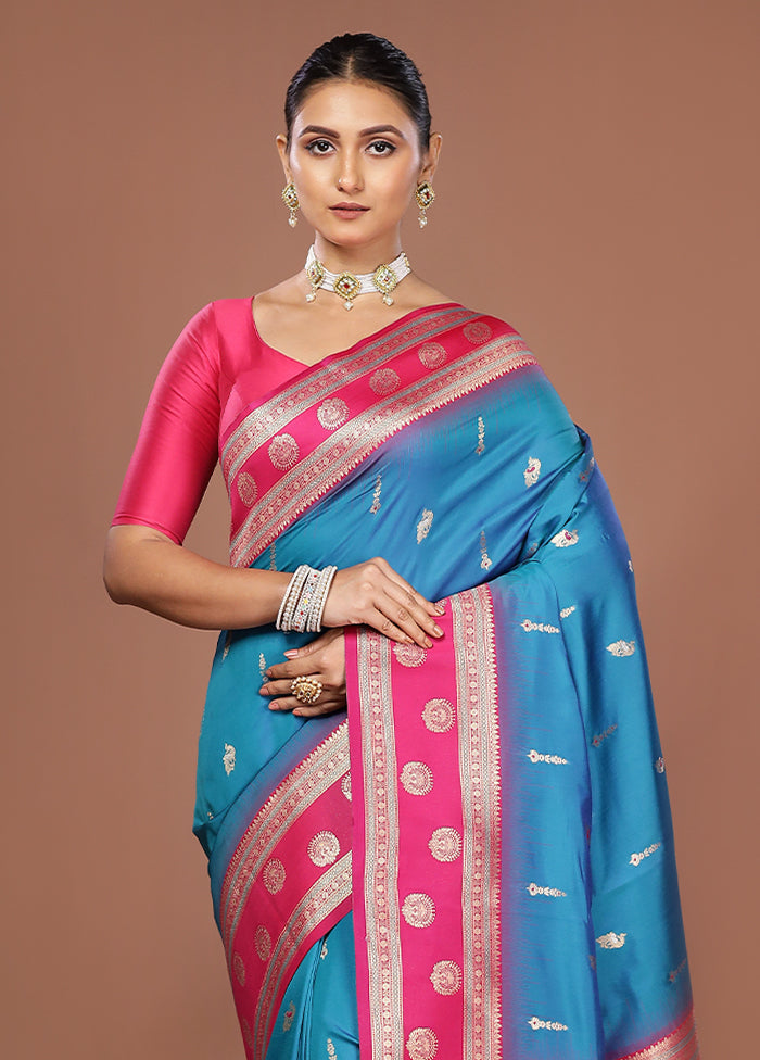 Blue Dupion Silk Saree With Blouse Piece