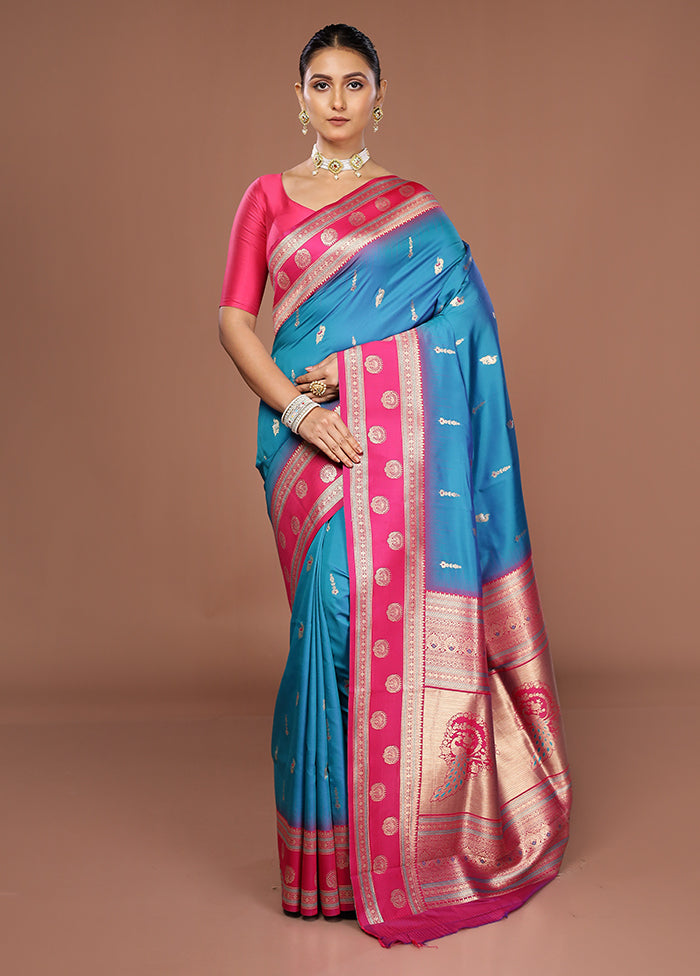 Blue Dupion Silk Saree With Blouse Piece