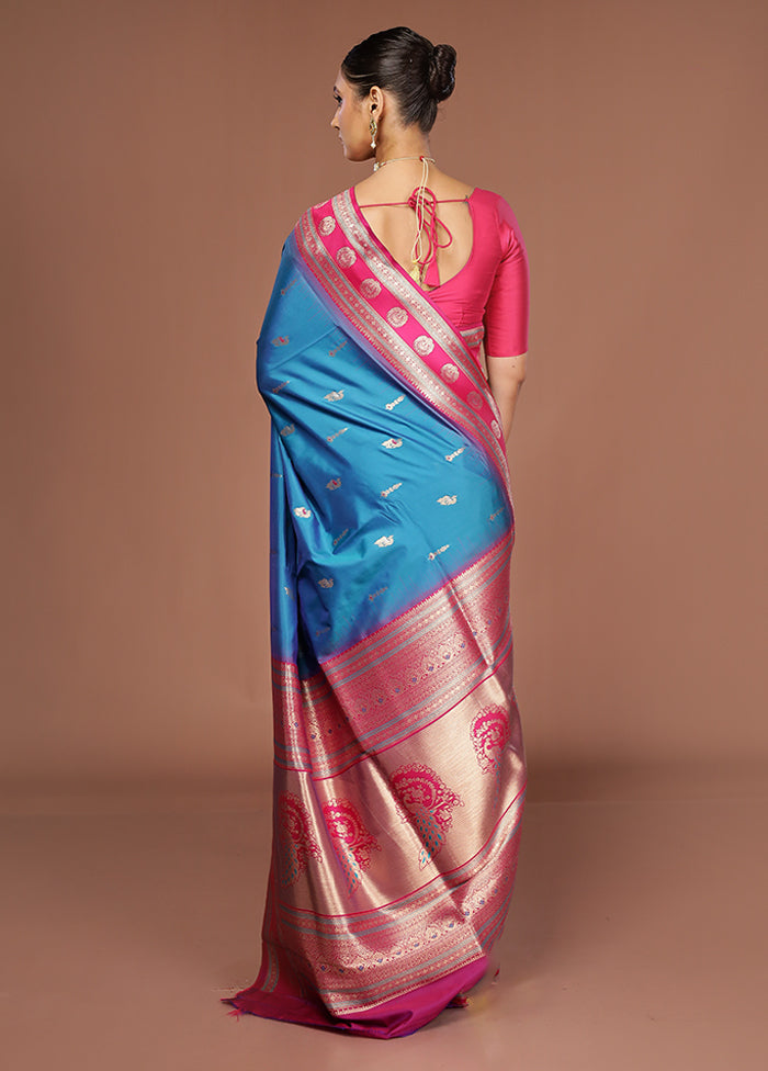 Blue Dupion Silk Saree With Blouse Piece