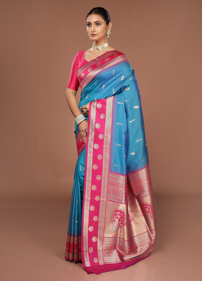 Blue Dupion Silk Saree With Blouse Piece
