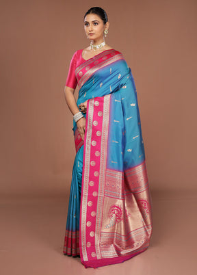 Blue Dupion Silk Saree With Blouse Piece