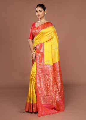 Yellow Dupion Silk Saree With Blouse Piece
