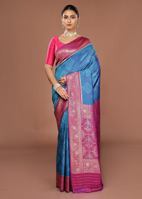 Blue Dupion Silk Saree With Blouse Piece
