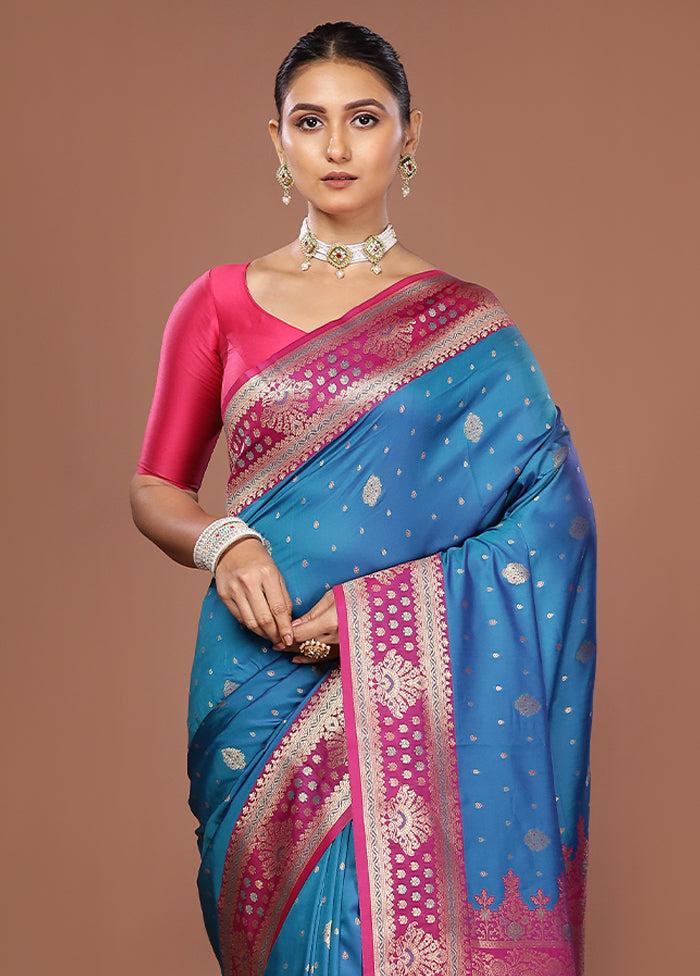 Blue Dupion Silk Saree With Blouse Piece