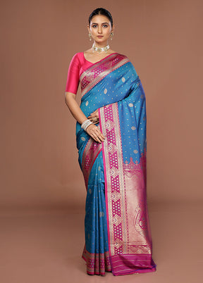 Blue Dupion Silk Saree With Blouse Piece
