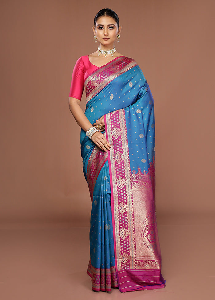 Blue Dupion Silk Saree With Blouse Piece