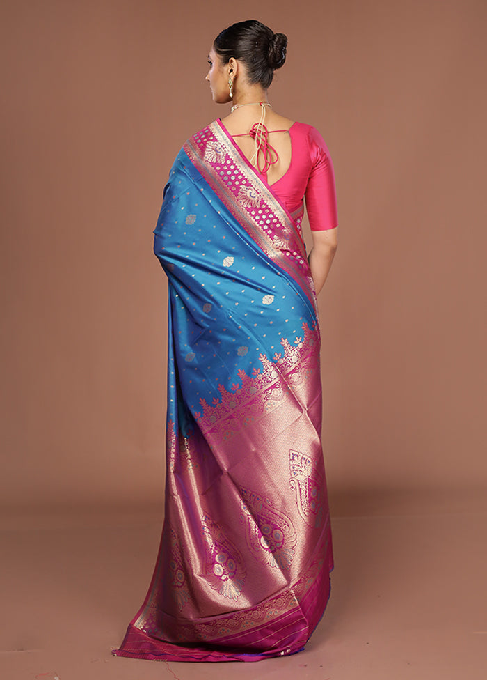 Blue Dupion Silk Saree With Blouse Piece