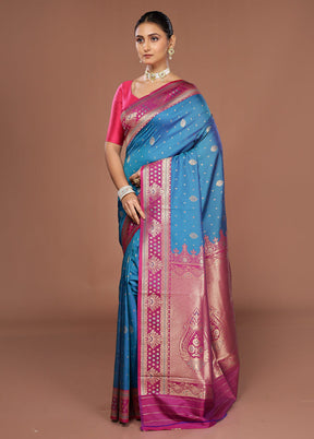 Blue Dupion Silk Saree With Blouse Piece