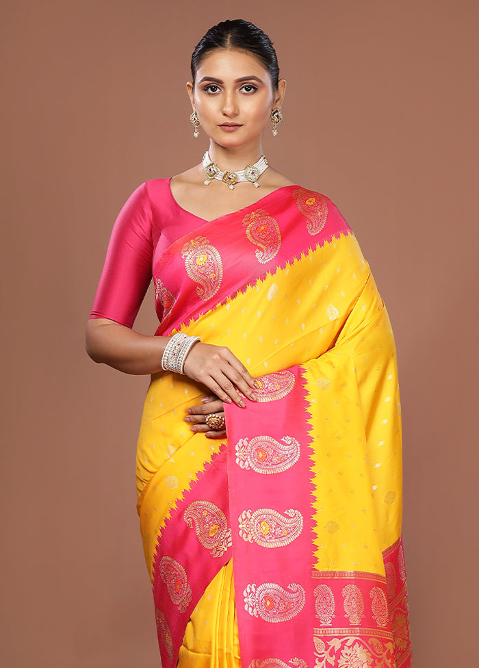 Yellow Dupion Silk Saree With Blouse Piece