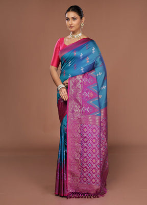 Blue Dupion Silk Saree With Blouse Piece