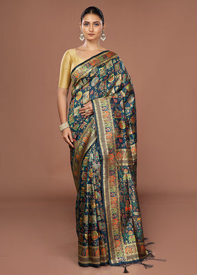 Blue Dupion Silk Saree With Blouse Piece