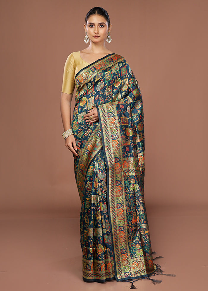 Blue Dupion Silk Saree With Blouse Piece