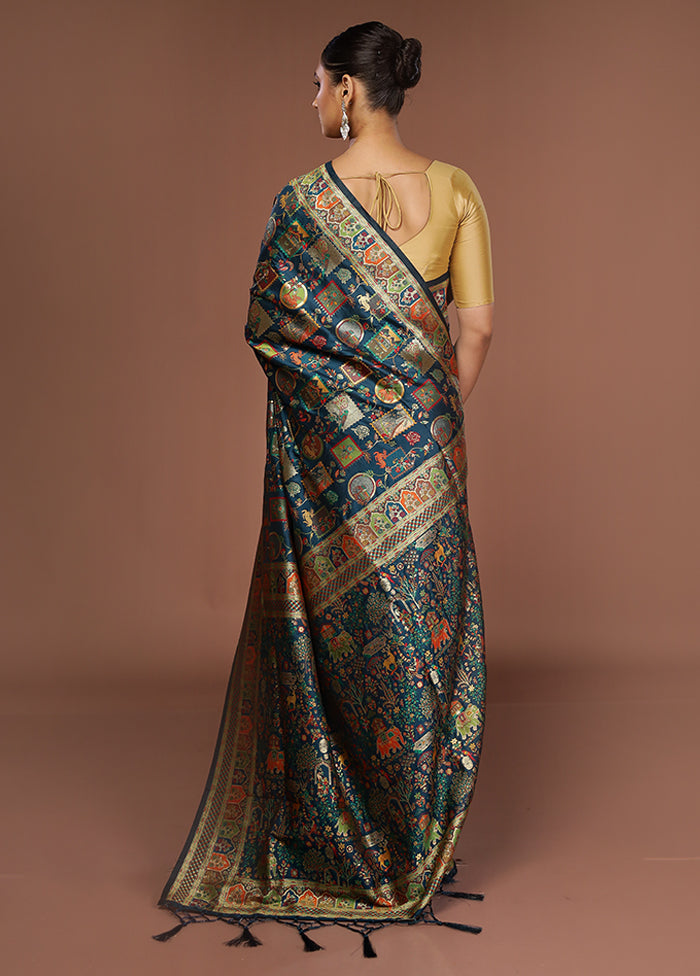 Blue Dupion Silk Saree With Blouse Piece
