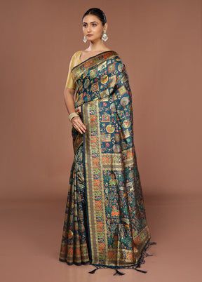 Blue Dupion Silk Saree With Blouse Piece