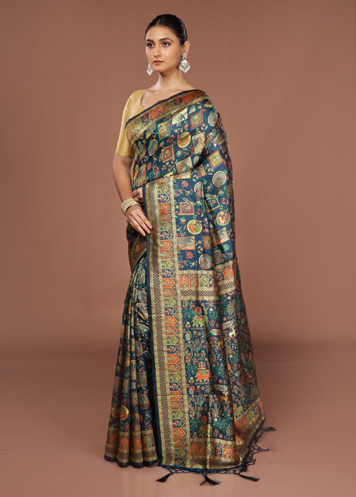 Blue Dupion Silk Saree With Blouse Piece