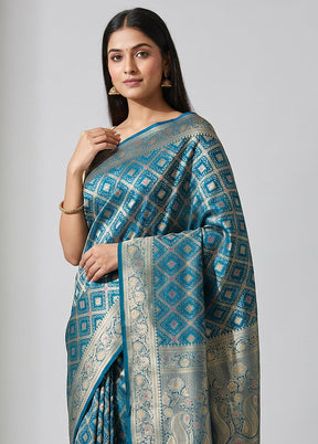 Blue Dupion Silk Saree With Blouse Piece