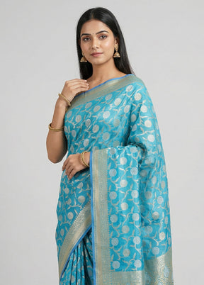 Blue Kora Silk Saree With Blouse Piece