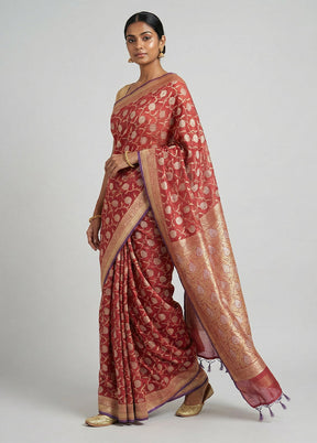 Maroon Kora Silk Saree With Blouse Piece