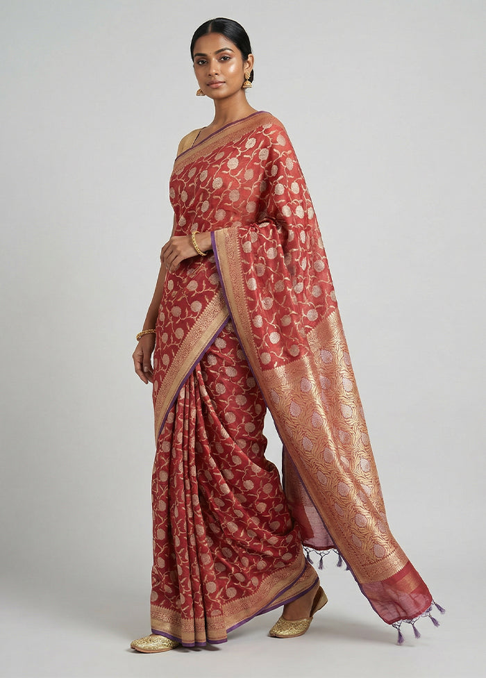 Maroon Kora Silk Saree With Blouse Piece